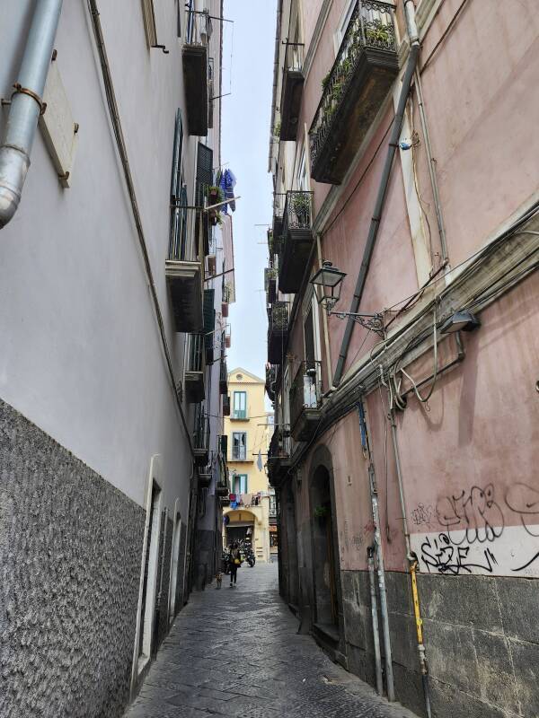Narrow passageway between buildings.