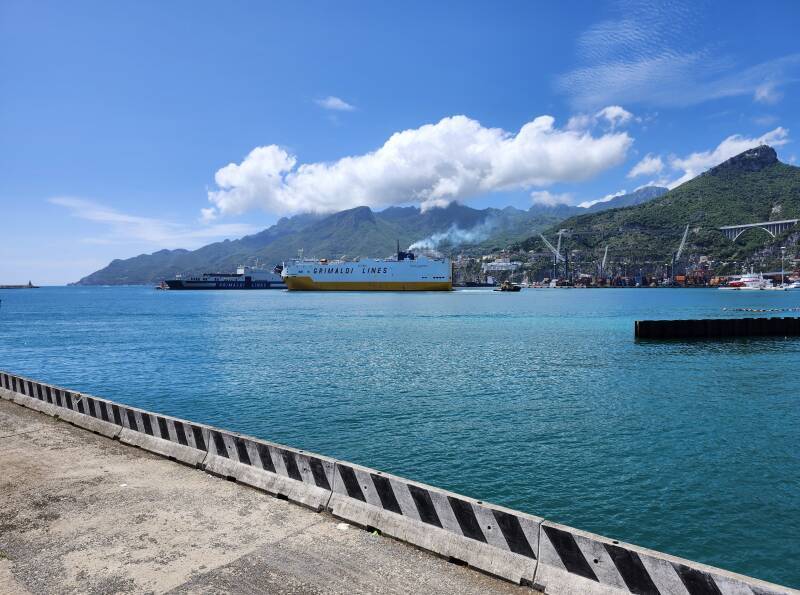 Grimaldi Lines automobile carrier in Salerno harbor.