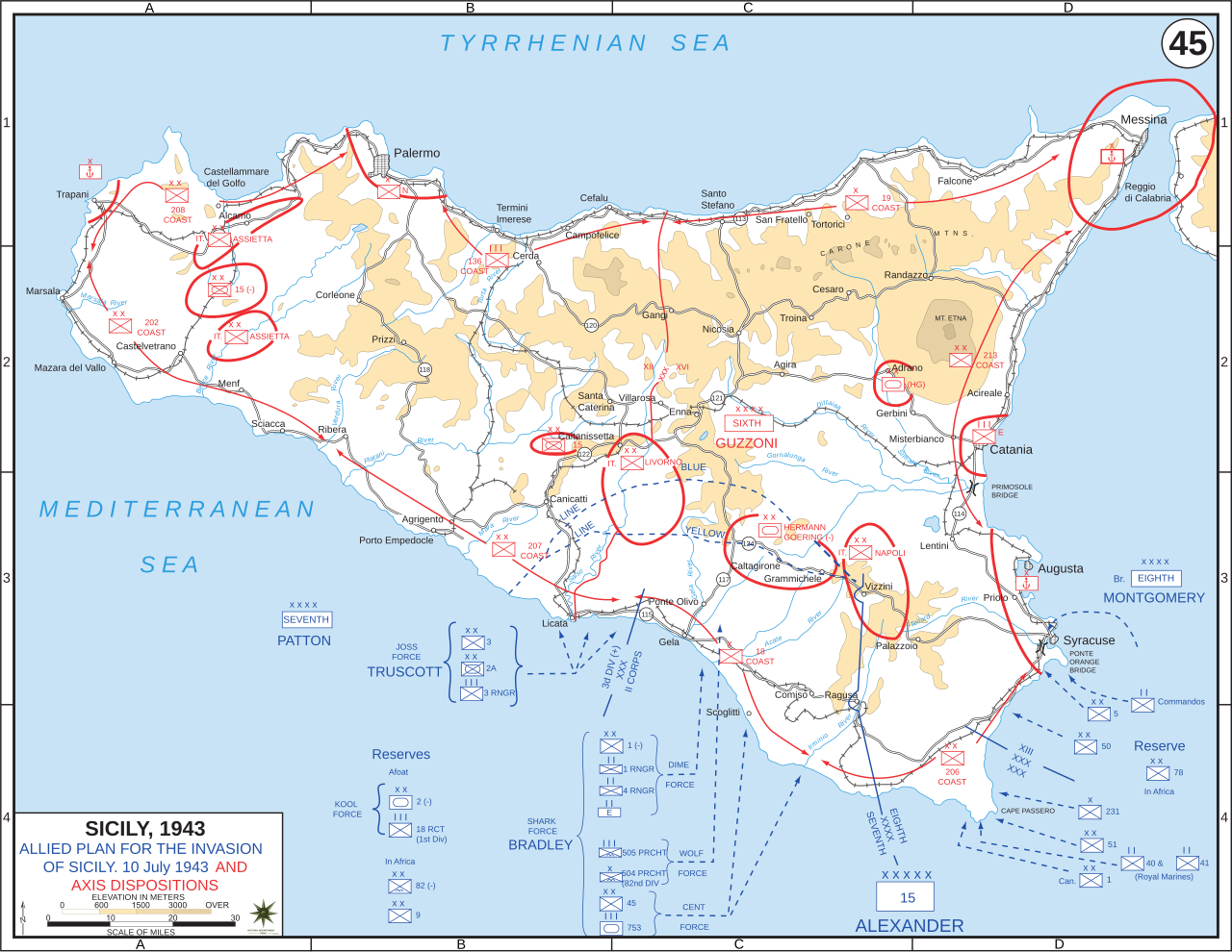 Axis dispositions and Allied landing plans for Operation Husky, from https://en.wikipedia.org/wiki/File:Map_Operation_Husky_and_Axis_Dispositions.svg