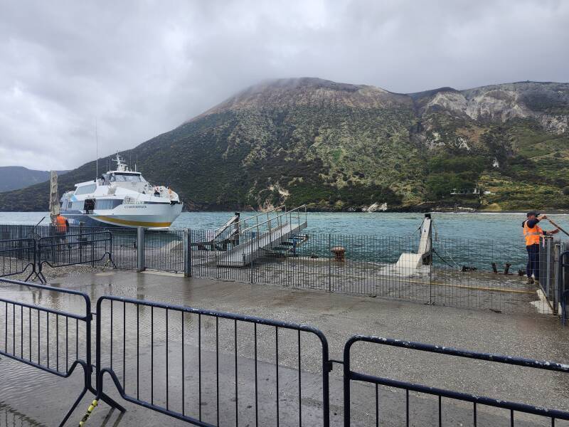Ferry M/V Alessandro Morace arrives at the pier on Vulcano.
