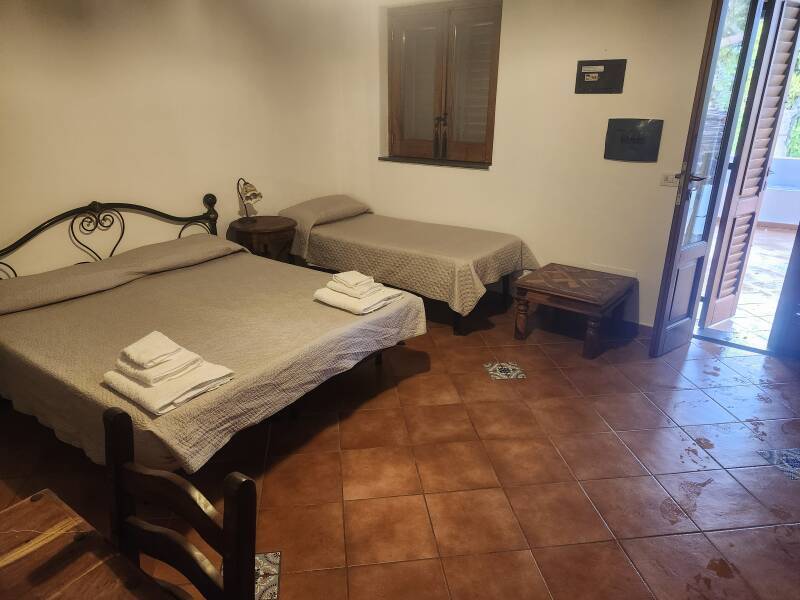 Bed and exterior door.