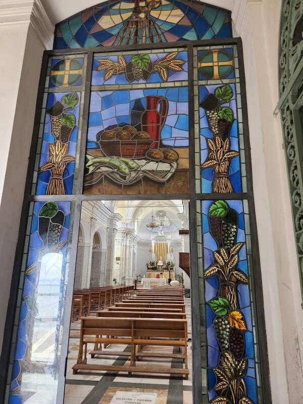 Stained glass window inside the church.