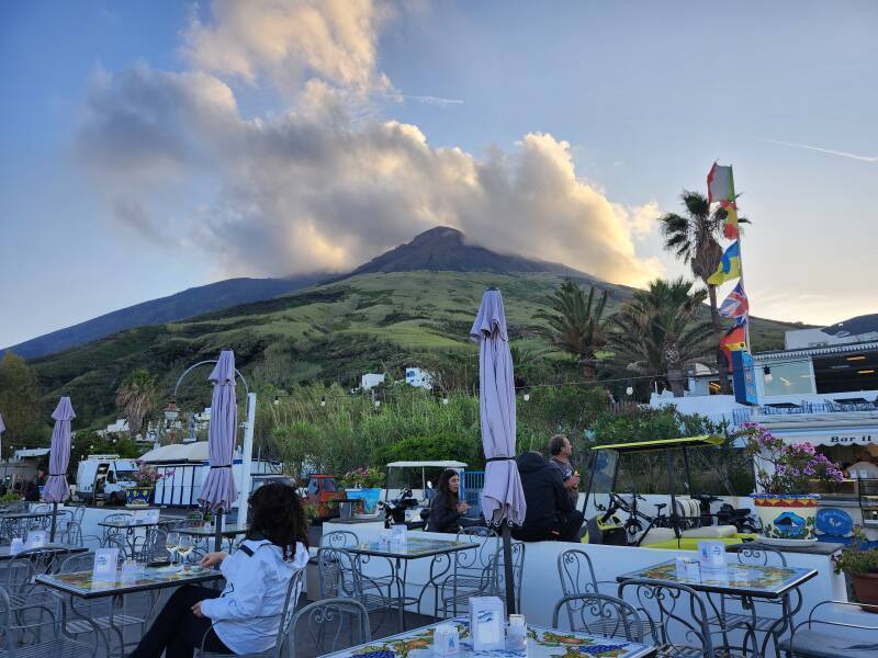 View of Stromboli from a cafe by the pier.