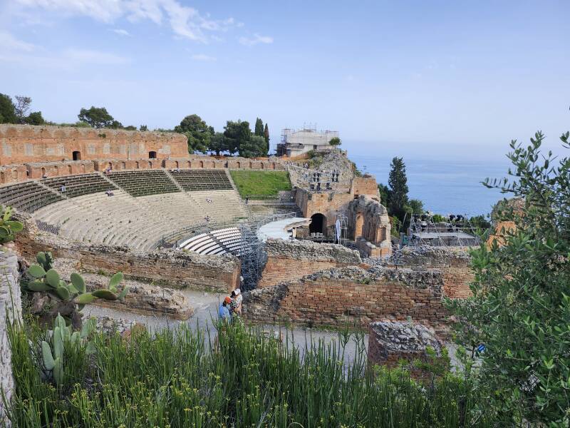 Greek theatre in Taormina with the sea in the background.