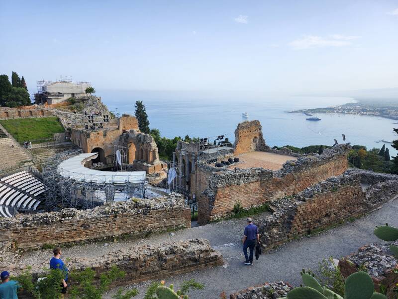 Greek theatre in Taormina with the sea in the background.