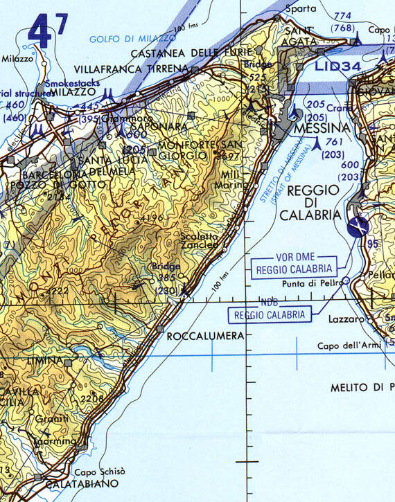 Segment of TPC G-2B showing the coast from Messina to Taormina.