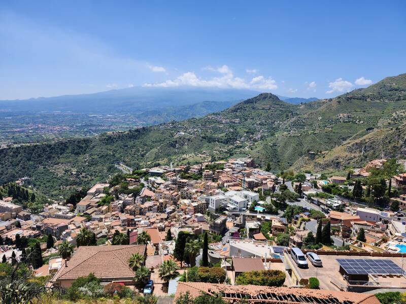 Town to southwest, Mt Etna beyond.