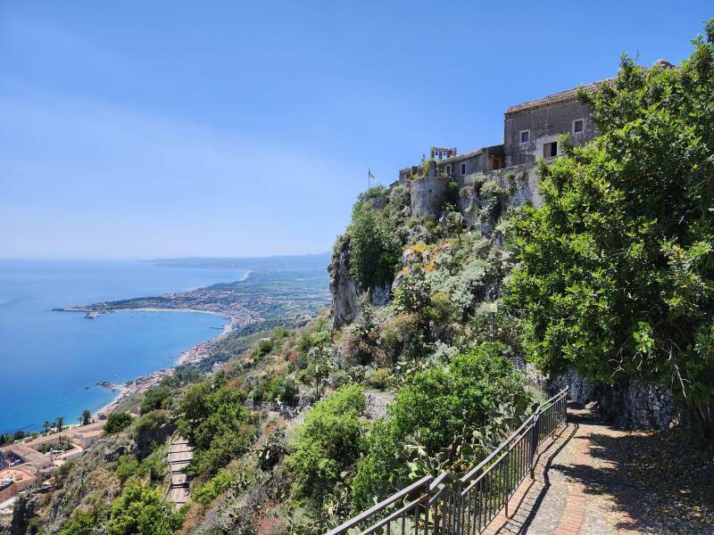 The chapel and hermitage, with the coastline in the distance.