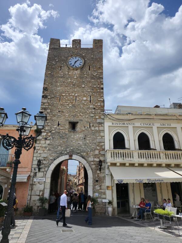 Clock tower over Corso Umberto.
