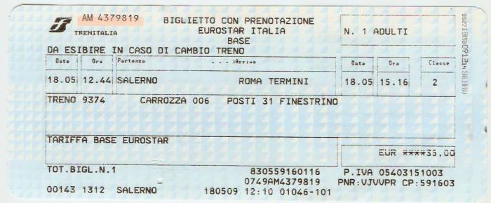 Italian train ticket for the Freccia Rossa or 'Red Arrow', styled as 'Eurostar', from Salerno to Roma Termini.