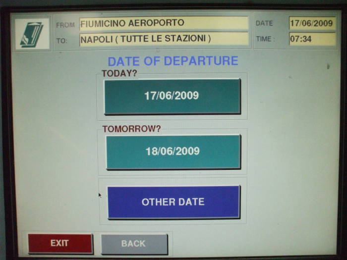 Trenitalia ticket purchase interface: Select your departure date.
