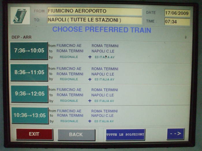 Trenitalia ticket purchase interface: Select your train.