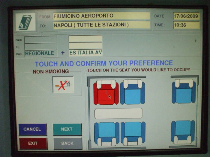 Trenitalia ticket purchase interface: Select your seat.