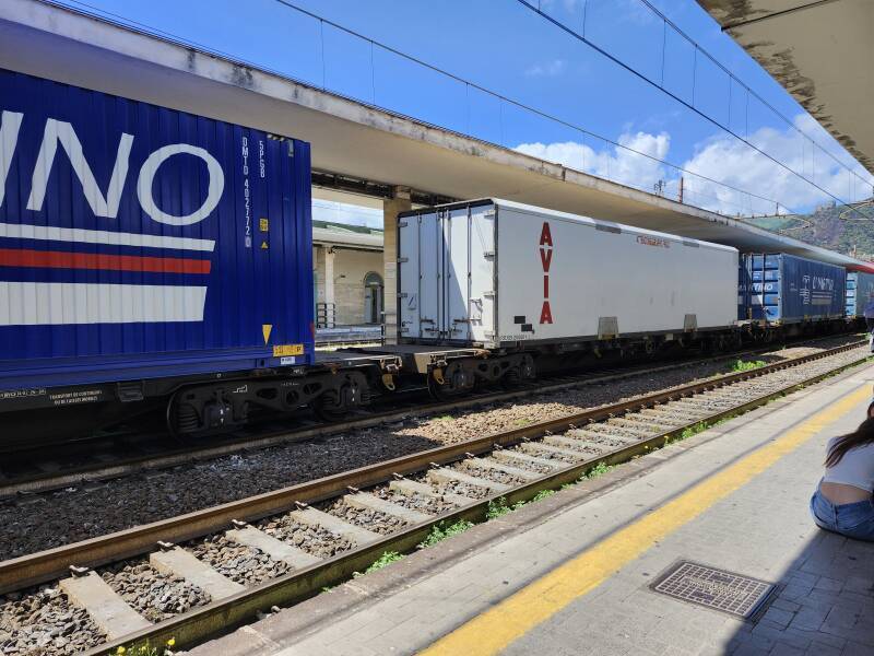 Freight train passing through Salerno station.