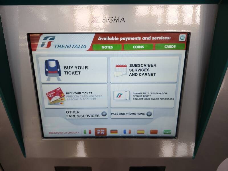 Buy a new ticket versus other actions on the touch screen of a Trenitalia ticket vending machine.