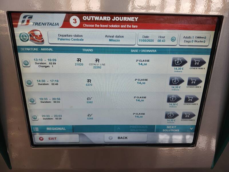 Selecting a specific train on the touch screen of a Trenitalia ticket vending machine.
