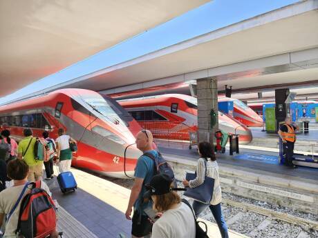 Frecciarossa high-speed trains in the Napoli Centrale station.