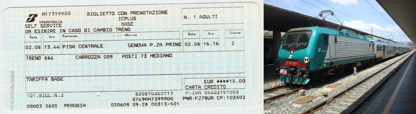 Italian train ticket for the Freccia Rossa or 'Red Arrow', styled as 'Eurostar', from Salerno to Roma Termini; Italian train in the S.M.N. Firenze station.