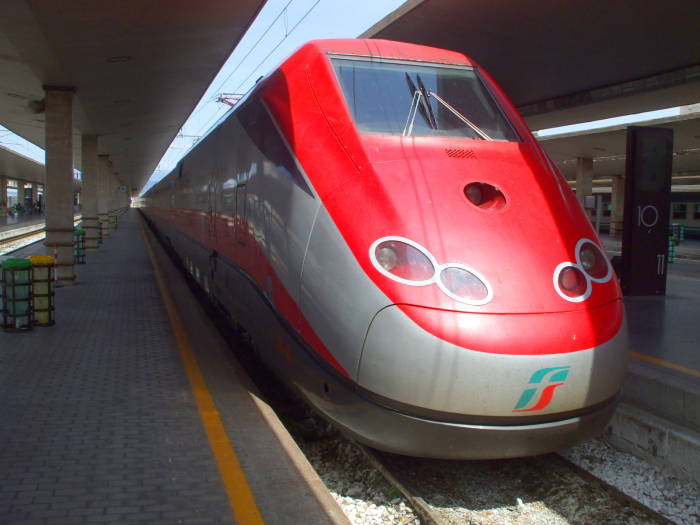 Italian 'Freccia Rossa' or 'Red Arrow' high-speed train at Firenze Stazione di Santa Maria Novella.