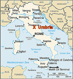 Map of Italy showing the location of Umbria.