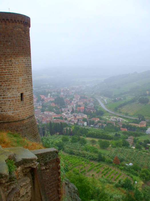 Rain and fog cover Umbria as seen from the city walls of Orvieto.