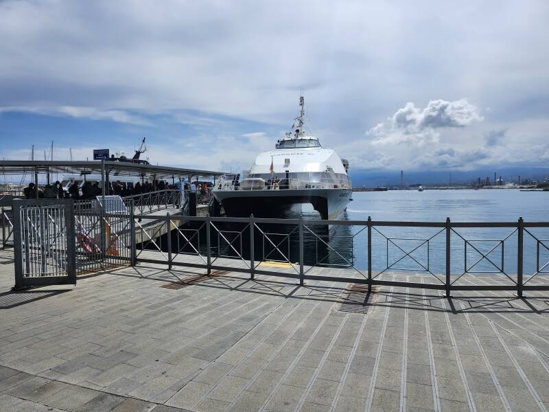 SWATH, small-waterline twin-hull high-speed ferry at the pier in Milazzo.