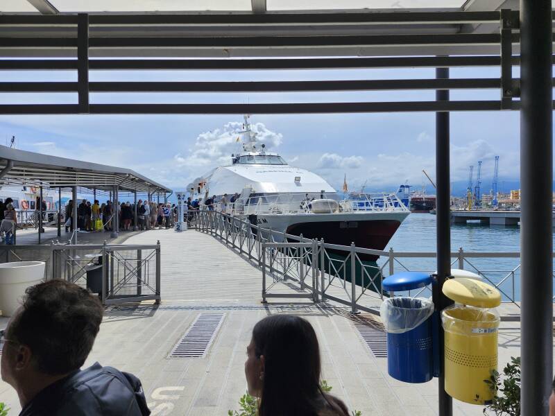 SWATH, small-waterline twin-hull high-speed ferry at the pier in Milazzo.