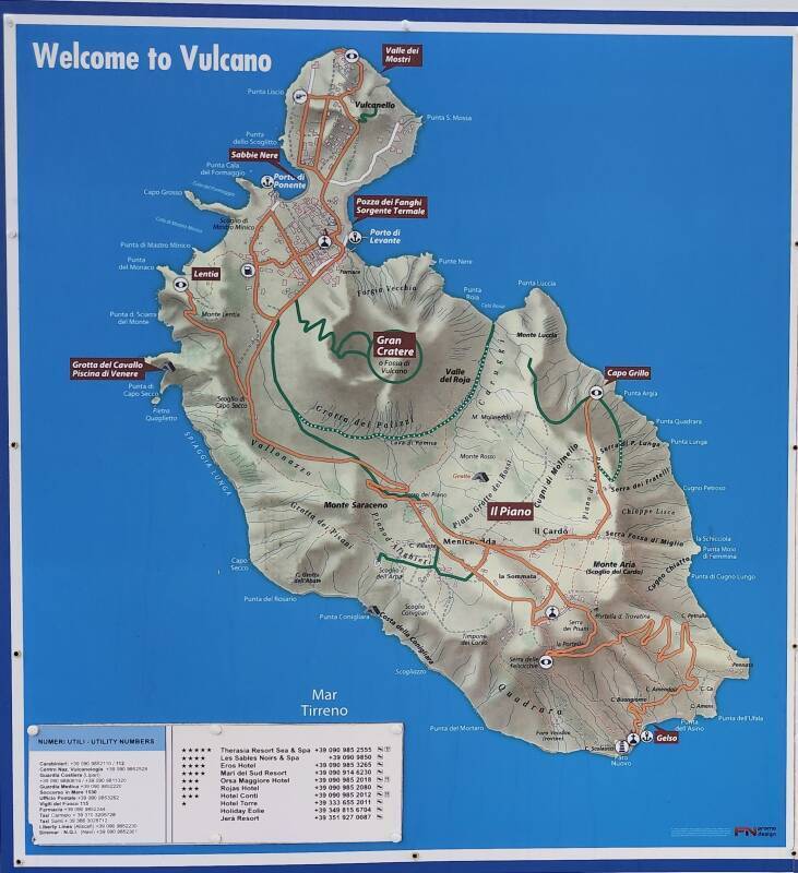 Map of Vulcano in the shelter at the ferry pier.
