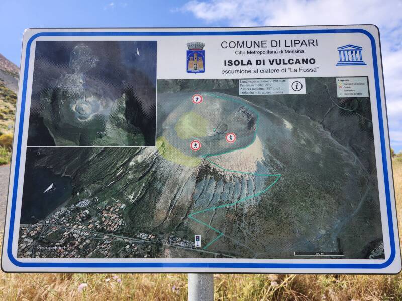 Sign with aerial photos of the La Fossa volcanic cone.