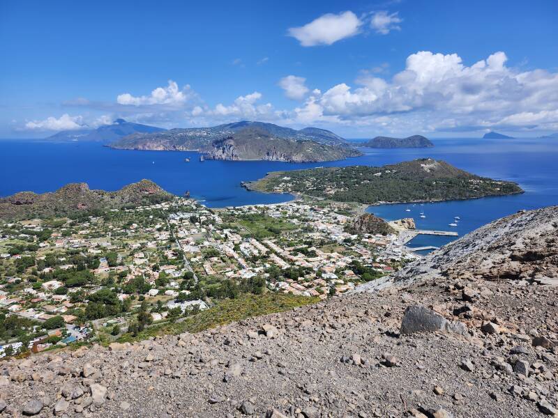Several islands in the distance.