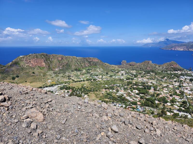 Western part of Porto di Levante, caldera wall, and Tyrrhenian Sea.