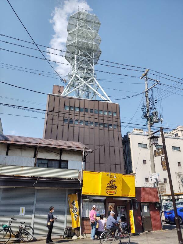 Telecommunications tower above Kurukuruken ramen shop in Aizu-Wakamatsu.