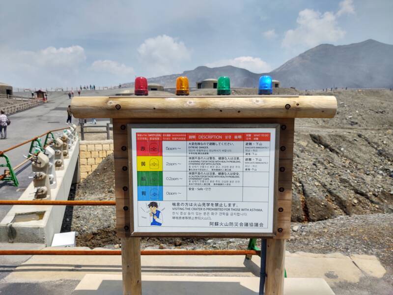 Warning sign and colored beacons at summit of Naka-dake.