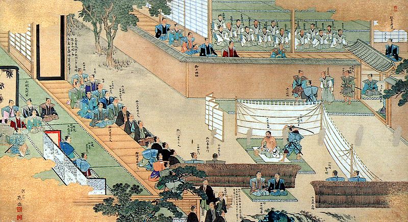 Print of performing seppuku, 'Ōishi Kuranosuke Yoshio Seppuku no Zu' (The Harakiri of Ōishi Kuranosuke Yoshio), from https://en.wikipedia.org/wiki/File:Kuranosuke_Harakiri_no_zu.jpg