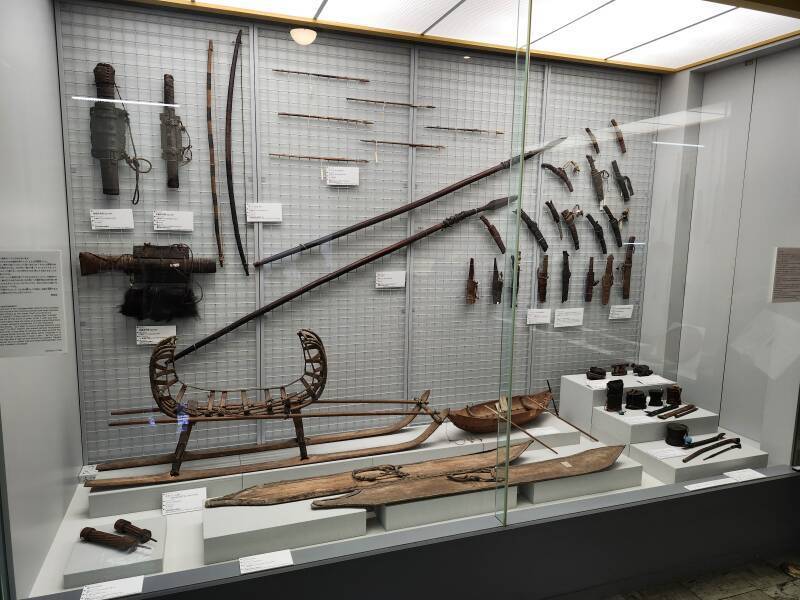 Harpoons, fishhooks, and skis used by northern people.