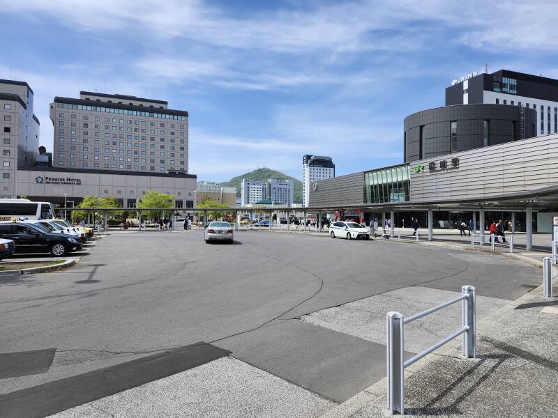 JR station, hotel towers, Mount Hakodate in the distance.