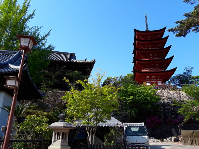 Temple and pagoda at Itsukushima Shrine.