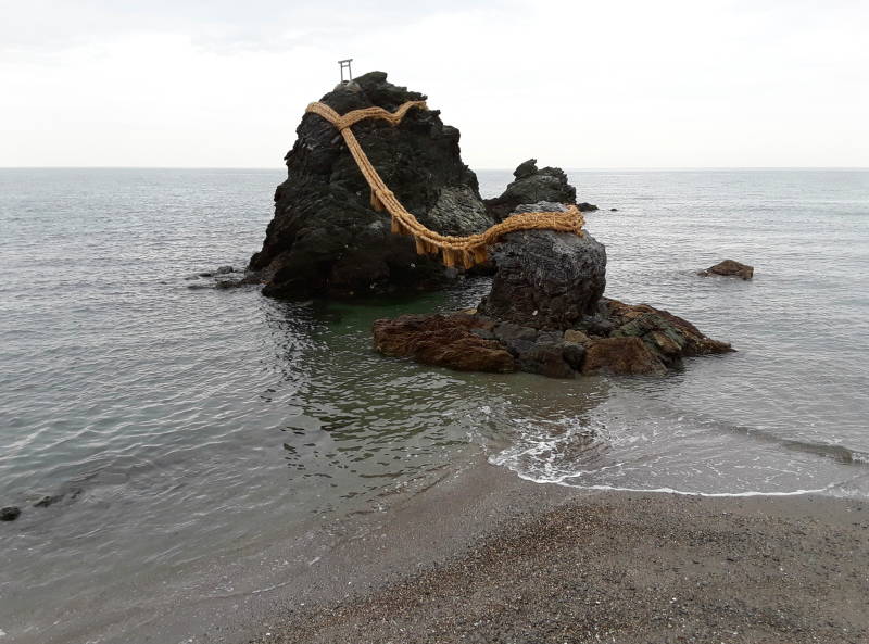 Meoto Iwa, the Wedded Rocks, joined by the holy rope shimenawa.