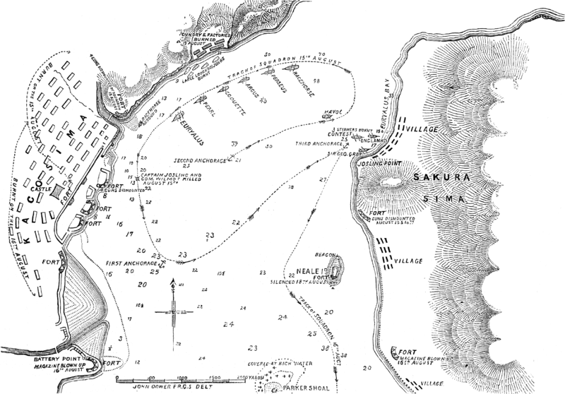 Map of the bombardment of Sakurajima, converted PNG to GIF from https://commons.wikimedia.org/wiki/File:Bombing_of_Kagoshima_Map_-_1863.PNG