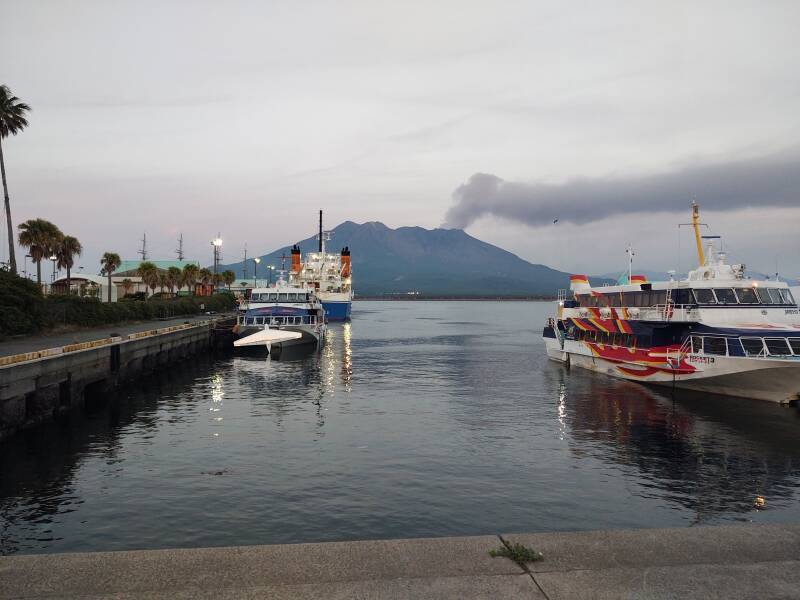 View of the Sakurajima volcano from the harbor.