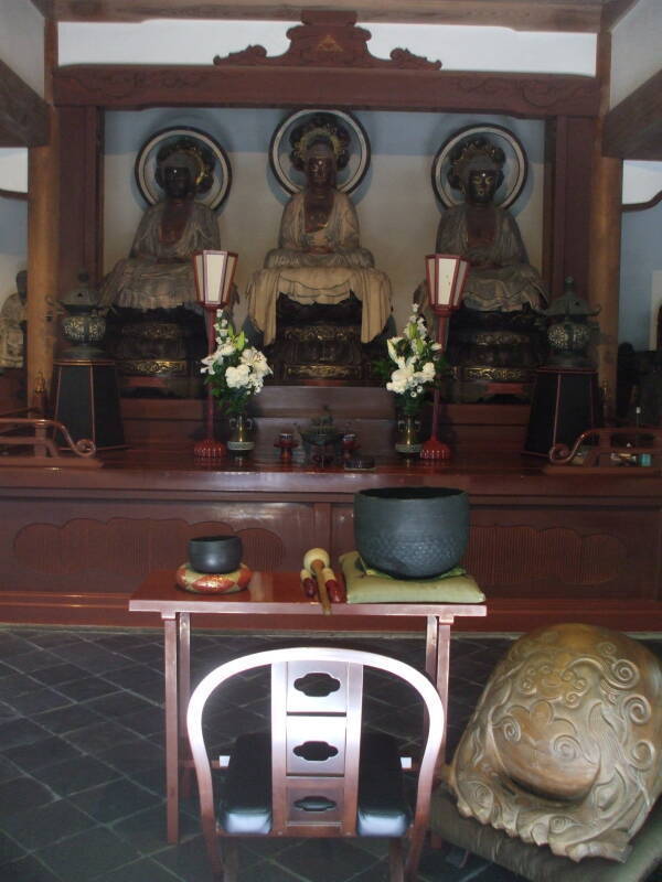 Main objects of worship at Zen Buddhist temple Kenpōzan Jōchi-ji at Kita-Kamakura: Amida (or Amitābha), Shaka (or Shakyamuni Buddha), and Miroku (or Maitreya).