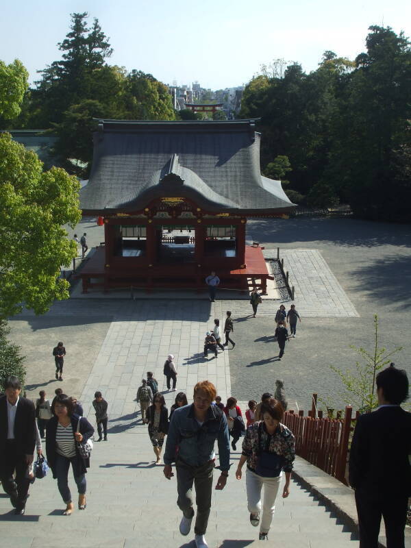 Looking back down the stairs and the ritual approach at Tsurugaoka Hachiman-Gū in Kamakura.