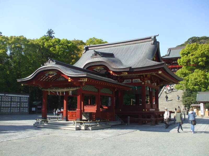 Small shrine and staircase leading to primary shrine at Tsurugaoka Hachiman-Gū in Kamakura.