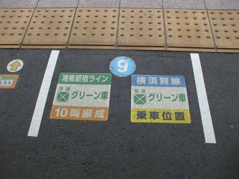 Markings on platforms for train doors in train station in Kamakura, Japan.
