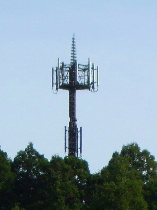 Cell phone tower topped with a sōrin like that on a pagoda or stupa at Kōya-san.