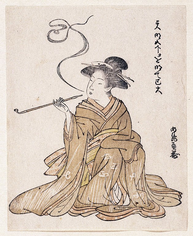 'E-Goyomi' or 'Lady Smoking' possibly by Korinsai, 1785-1790, from https://commons.wikimedia.org/wiki/File:Brooklyn_Museum_-_E-Goyomi_(Lady_Smoking)_-_Korinsai.jpg