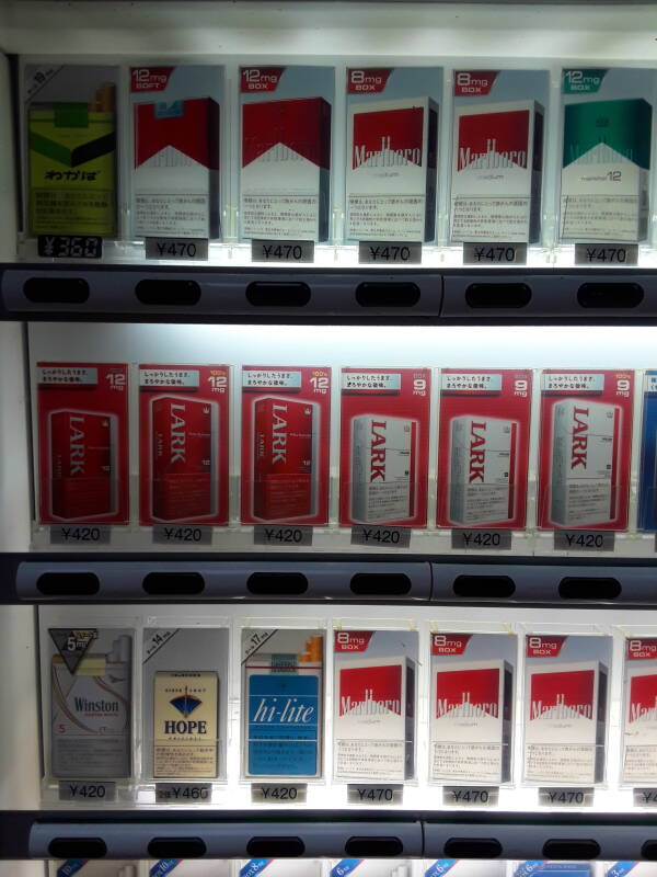 A cigarette vending machine in Nagasaki, with cigarettes containing from 12mg down to 1 mg of nicotine.