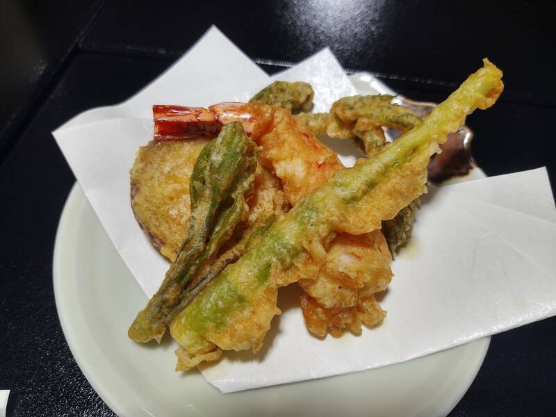 Tempura vegetables and shrimp.