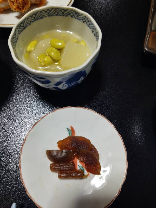 Soybeans and miso, pickled mushrooms.