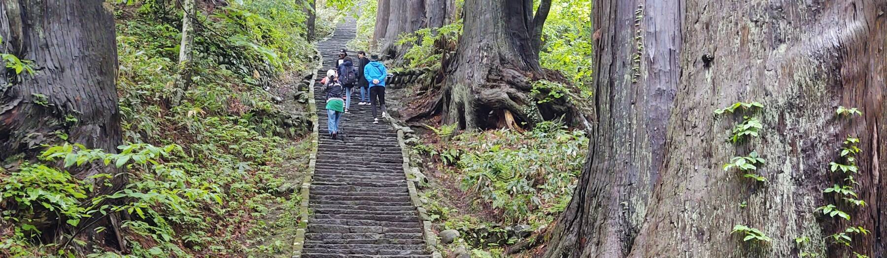 Group of six people climbing the 2,446 step path up Mount Haguro.